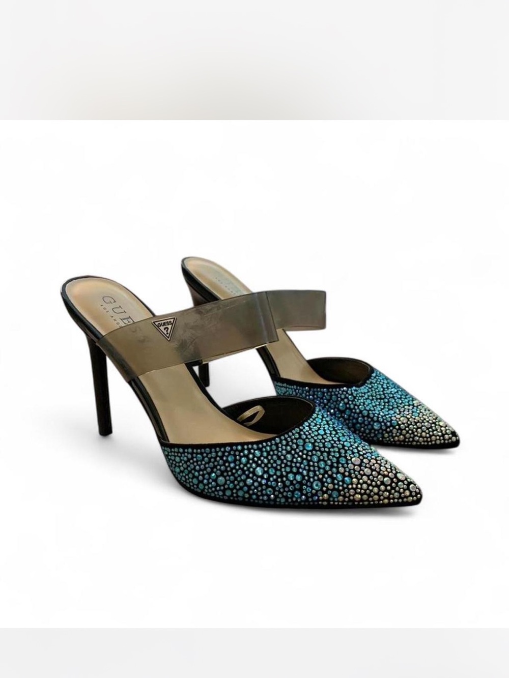 Glam Guess Teal Crystal-Embellished Pointed-Toe Stilletos size 7.5(37 eur)